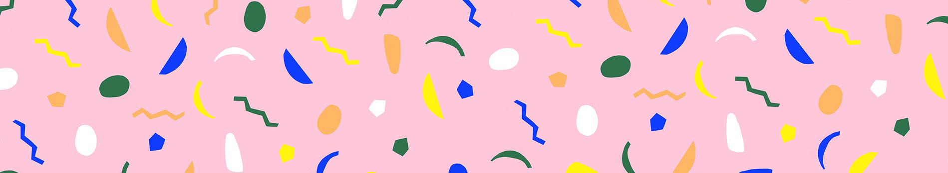 Various shapes and colors of confetti on a pink background.